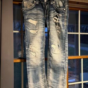 Men's Rock Revival Distressed Blue Jeans